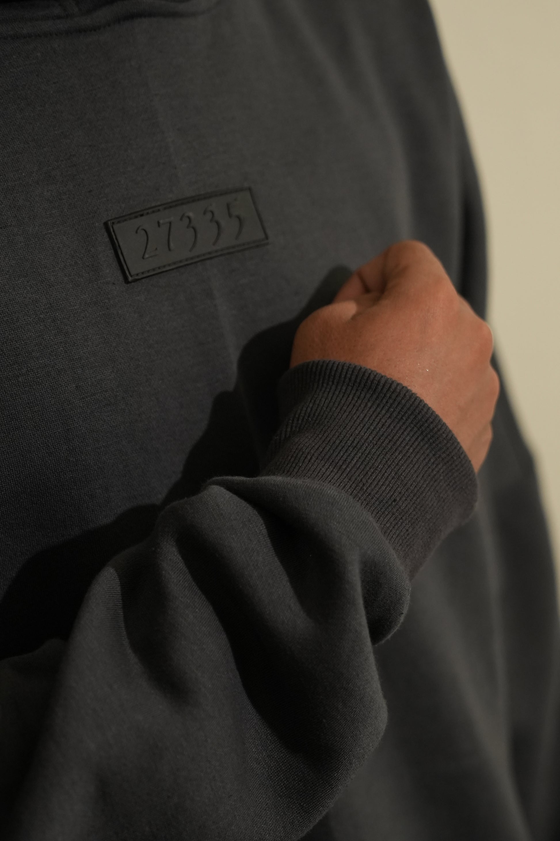 “The HOOD oversized unisex hoodie in Metal gray with 27335 designer label”
