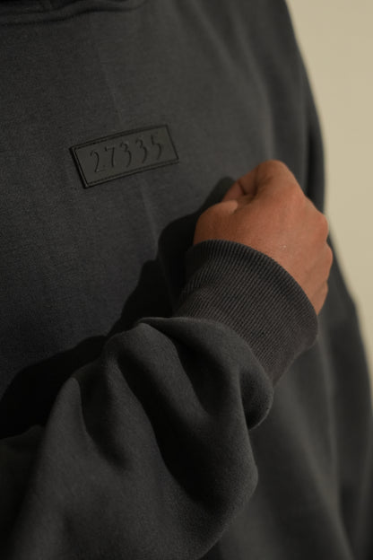 “The HOOD oversized unisex hoodie in Metal gray with 27335 designer label”
